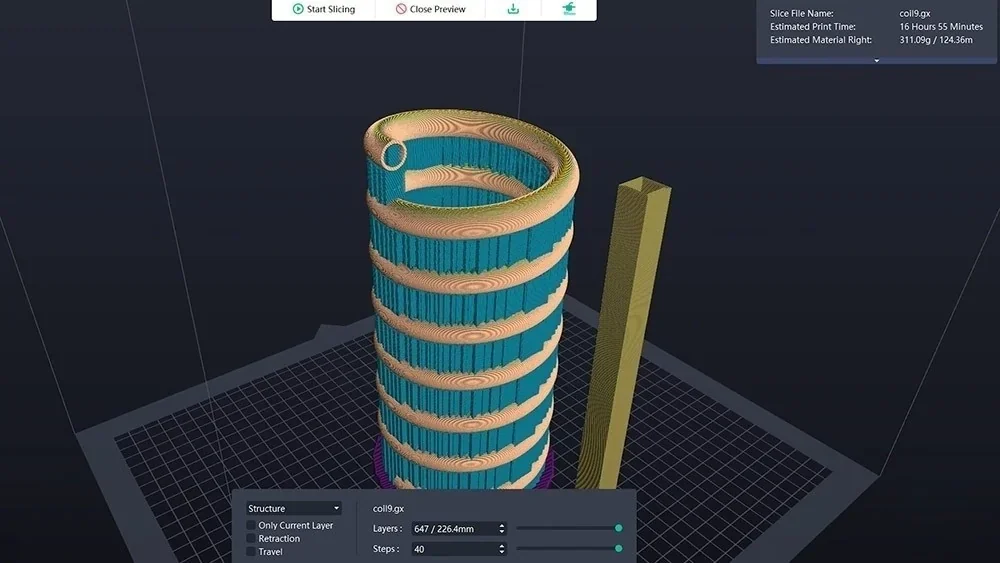 Flashforge Creator 4 slicing software interface showing a 3D model of a coiled structure ready for print, with settings and estimated print time.