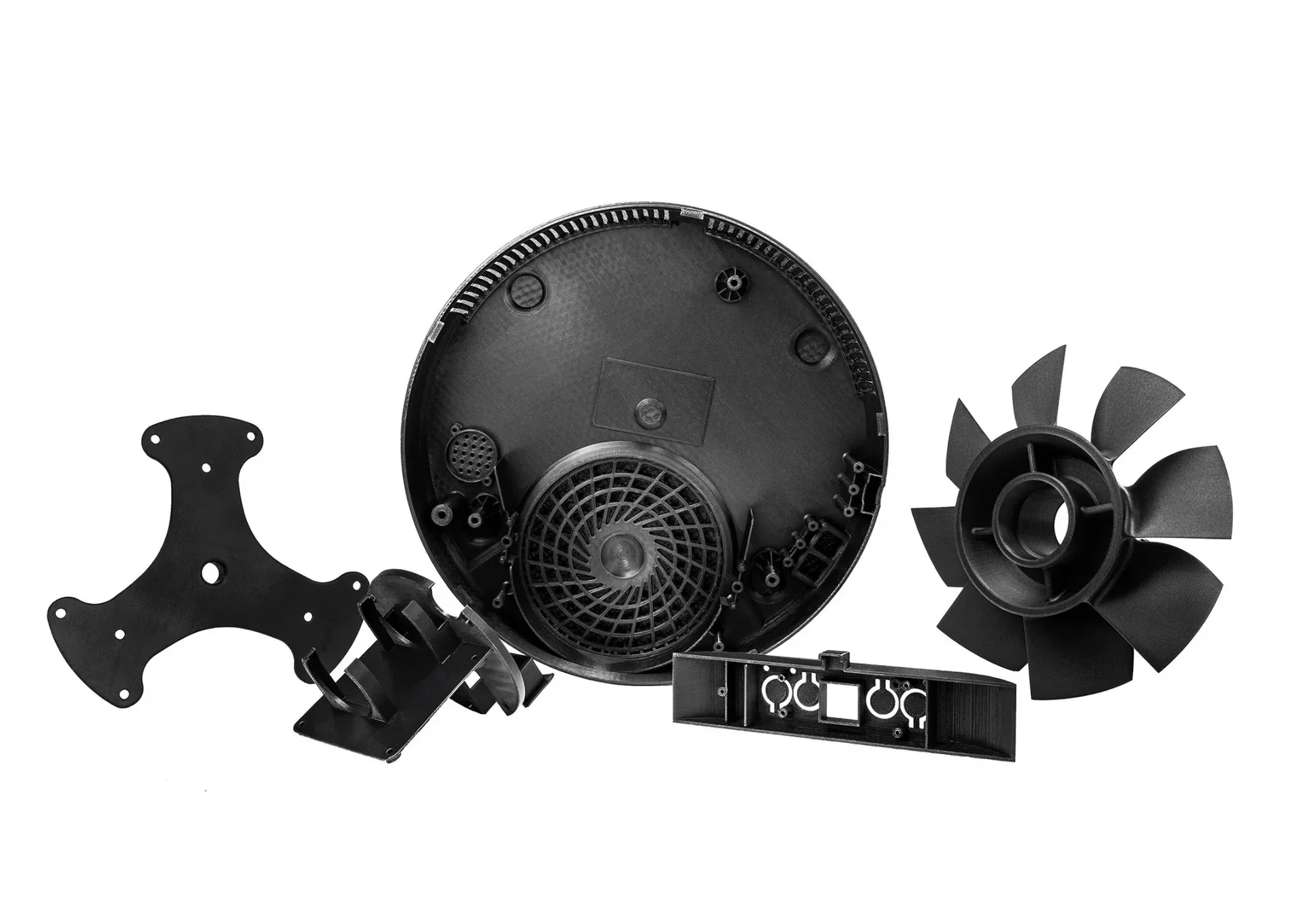 Flashforge Creator 4 3D-printed black mechanical parts, including a fan blade and circular base, showcasing precision engineering.