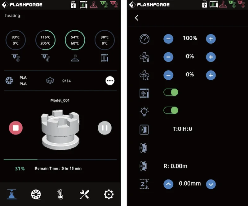 Flashforge Creator 4 interface showing temperature settings, fan controls, PLA material, and a 3D-printed part model in progress, 31% complete.