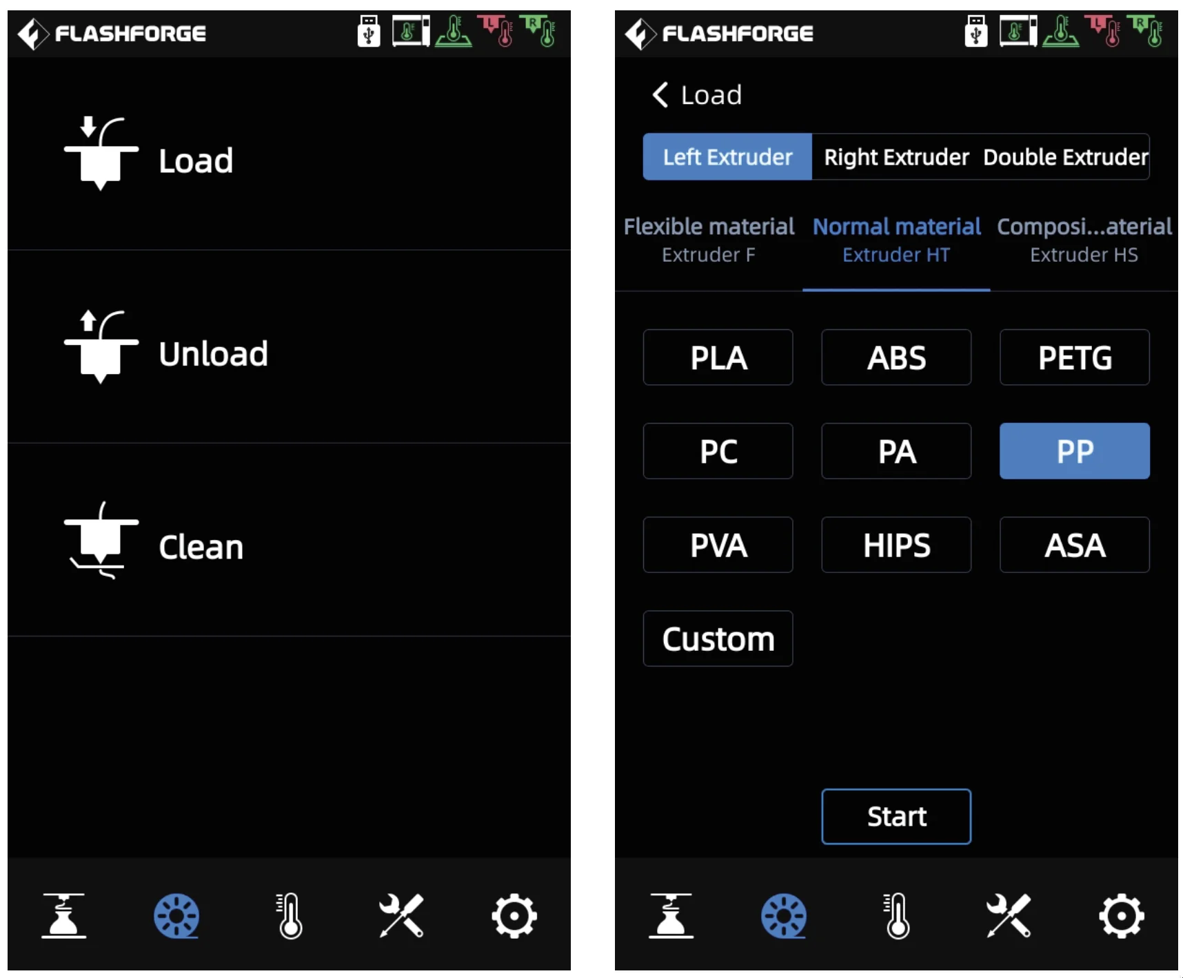 Flashforge Creator 4 interface screens showing options for loading, unloading, cleaning, and selecting filament types like PLA, ABS, PETG.