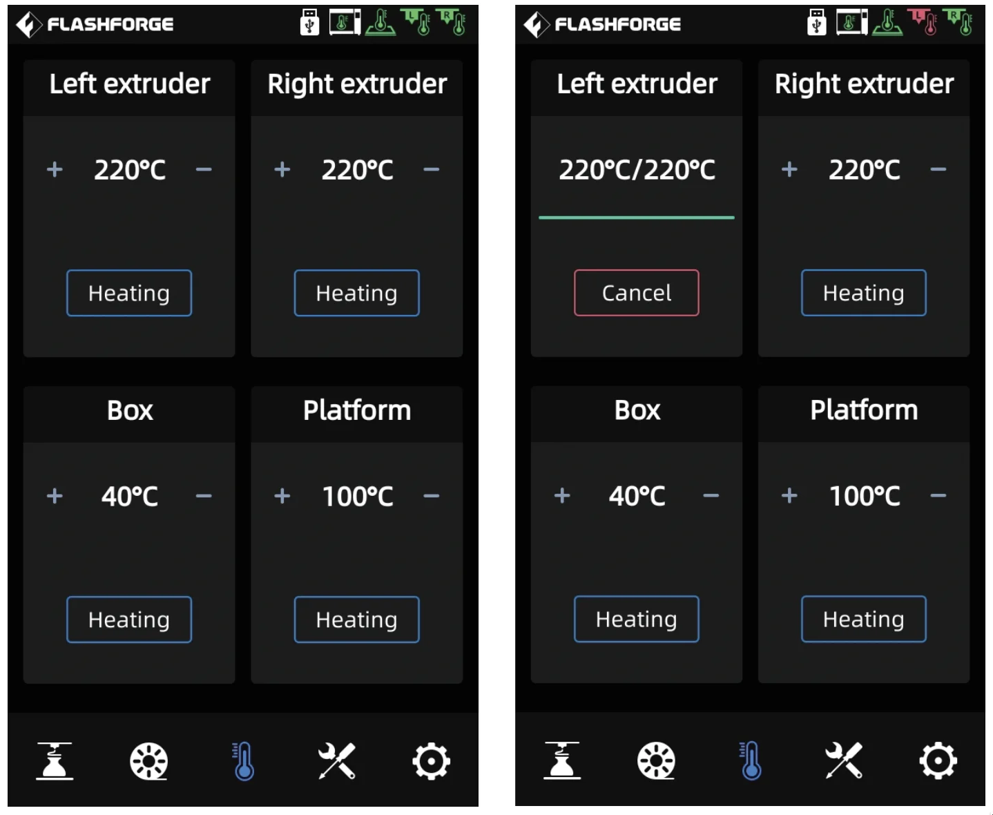 Flashforge Creator 4 extruder and platform temperature control interface showing adjustable heating settings with branding at the top.