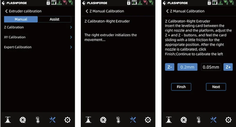 Flashforge Creator 4 touchscreen interface displays extruder, Z, XY, and expert calibration options, detailing Z calibration-right extruder process.