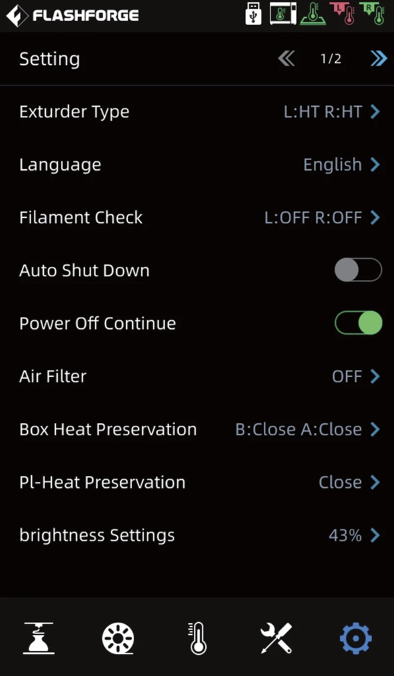 Flashforge Creator 4 settings screen shows options for extruder type, language, filament check, auto shutdown, and heat preservation.