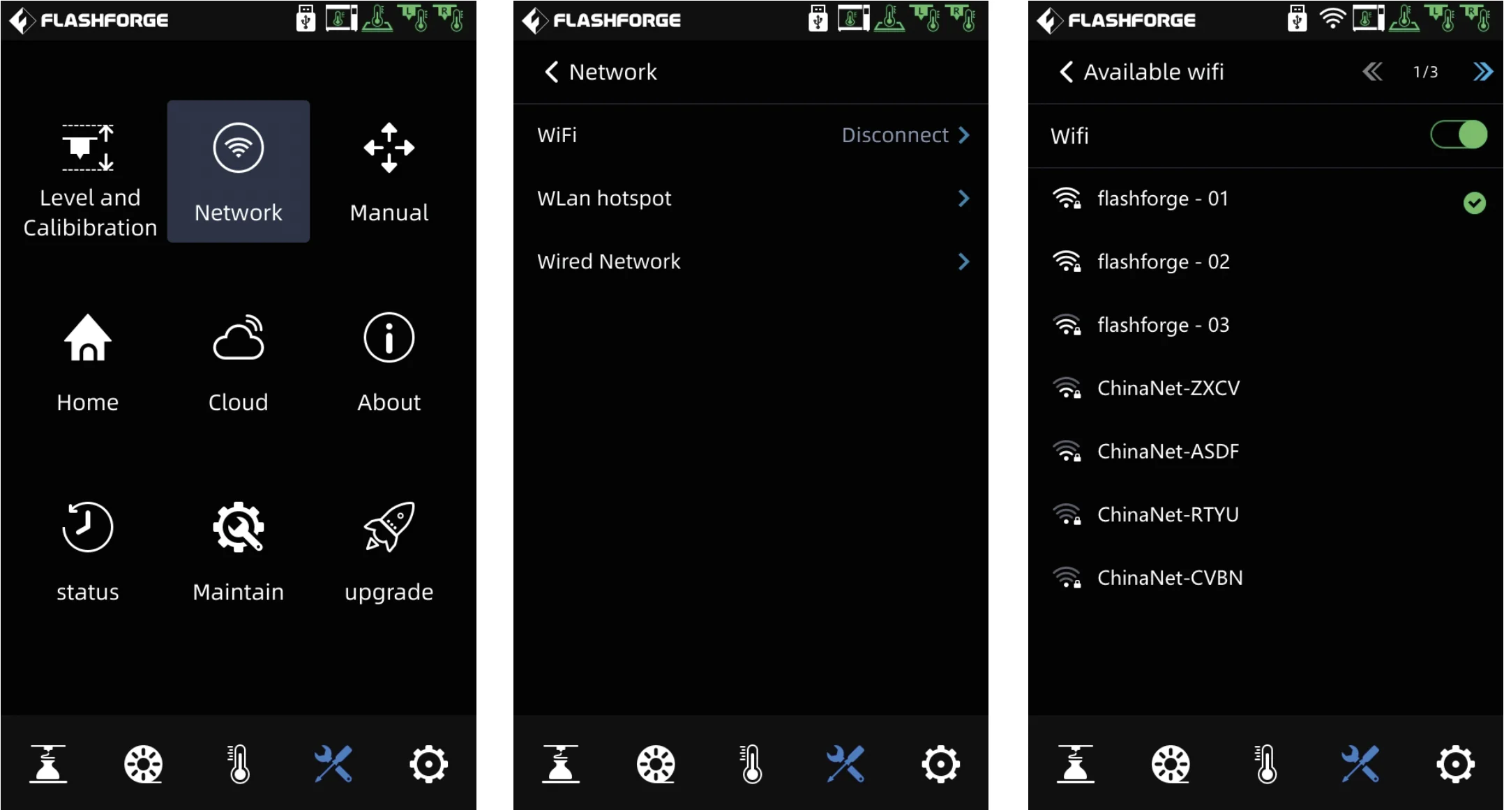 Flashforge Creator 4 touchscreen interface showing network options, connected WiFi networks, and main menu icons for calibration, cloud, and maintenance settings.