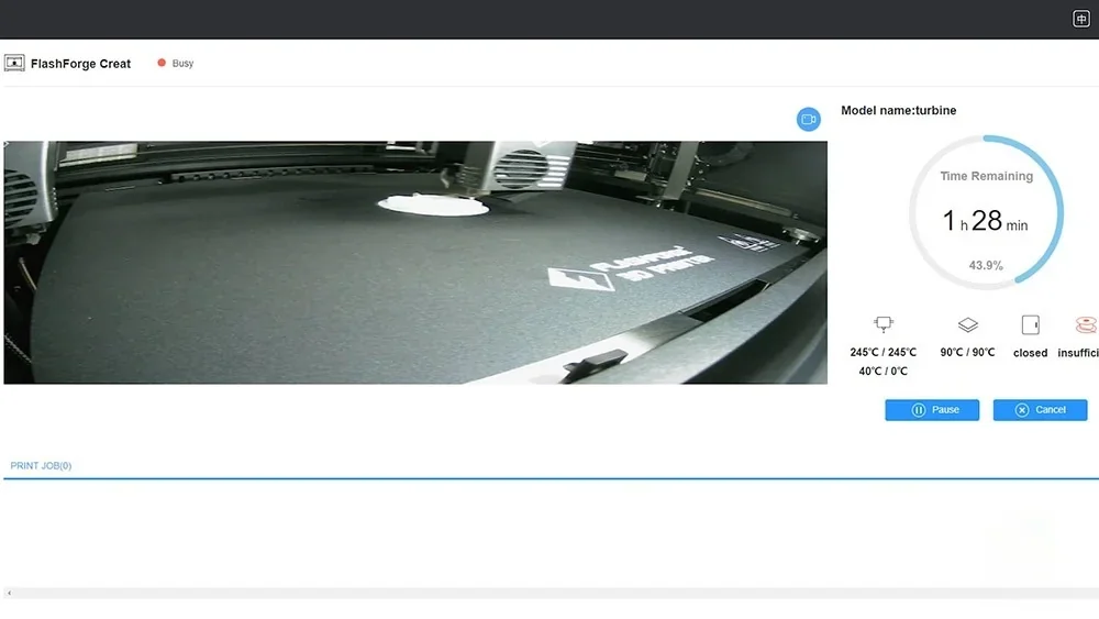 Flashforge Creator 4 screen shows 3D printing in progress, model name turbine, with time remaining and temperature settings visible.
