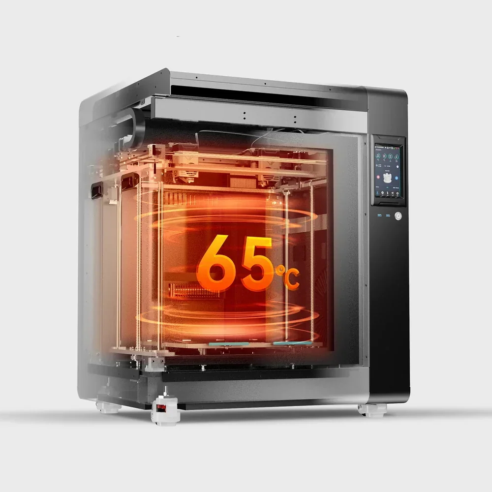FlashForge Creator 4 3D printer with transparent casing reveals internal heating at 65°C, featuring digital control panel on sleek black design.