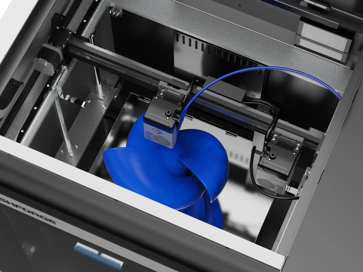 Flashforge Creator 4 3D printer interior with blue propeller print, showing dual extruder system and build platform with branding visible.