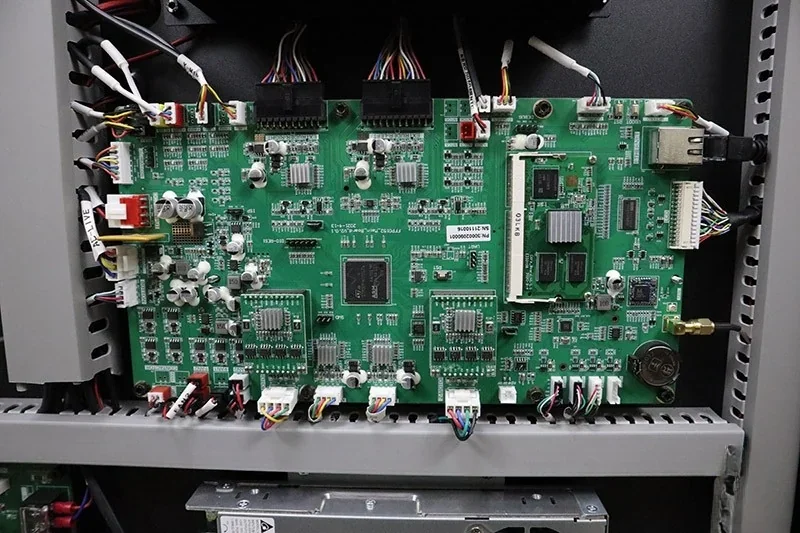 Flashforge Creator 4 control board with wiring and components, housed in an open metal casing, showcasing the printer's internal electronics.