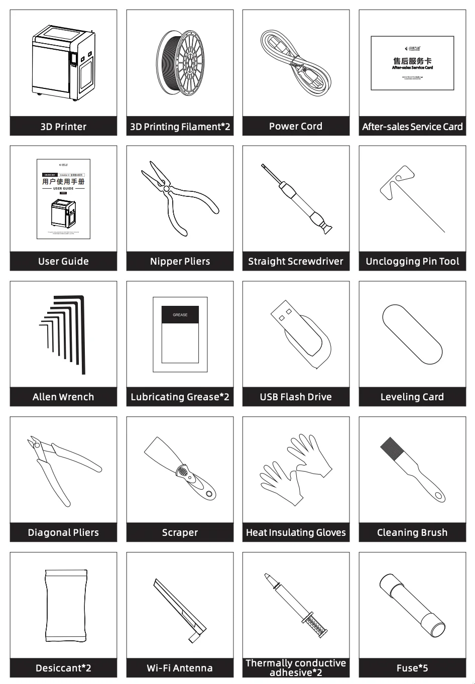 Flashforge Creator 4 accessories: 3D printer, filament, power cord, tools, user guide, Wi-Fi antenna, fuses, and more for efficient operation.