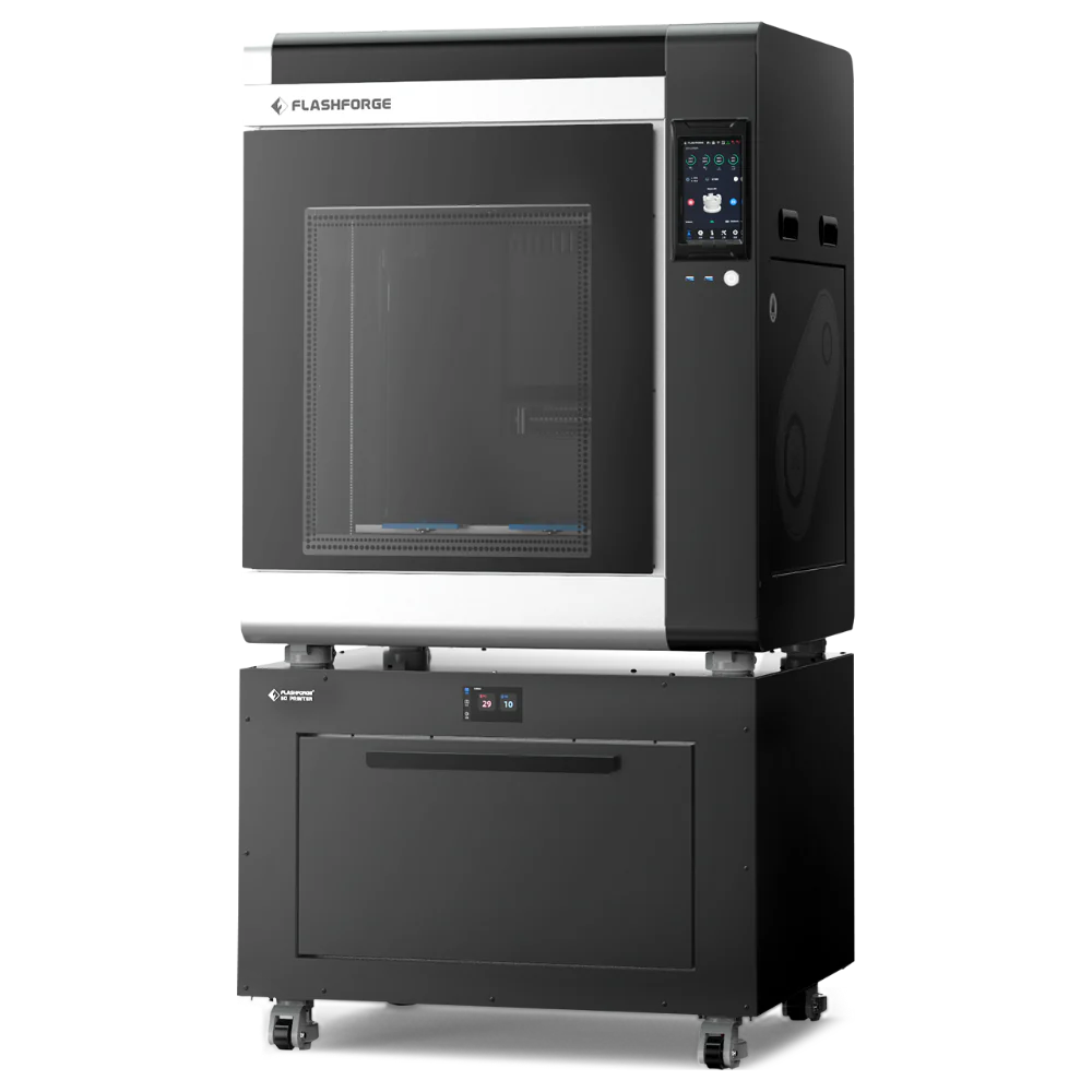 FlashForge Creator 4 3D printer with sleek black design, visible control panel, and branding. Output samples created by the printer.