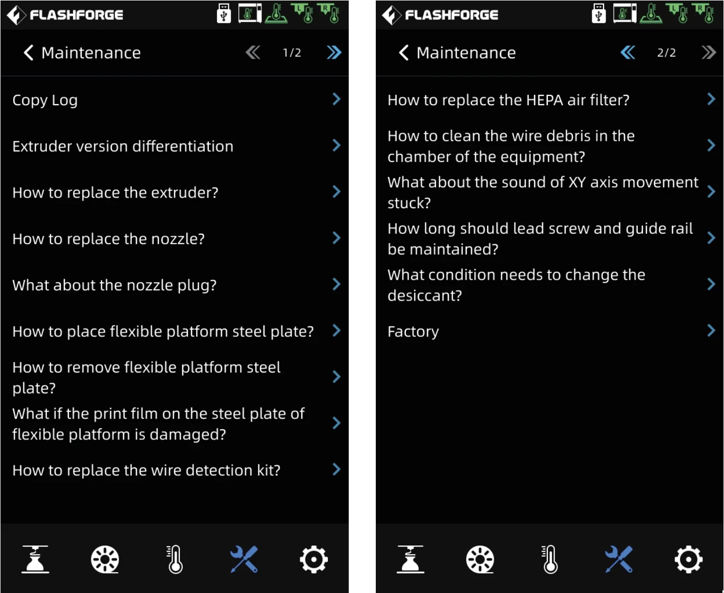 Flashforge Creator 4 maintenance menu shows options for extruder, nozzle, platform, and filter replacement, with factory settings and guide rail upkeep.