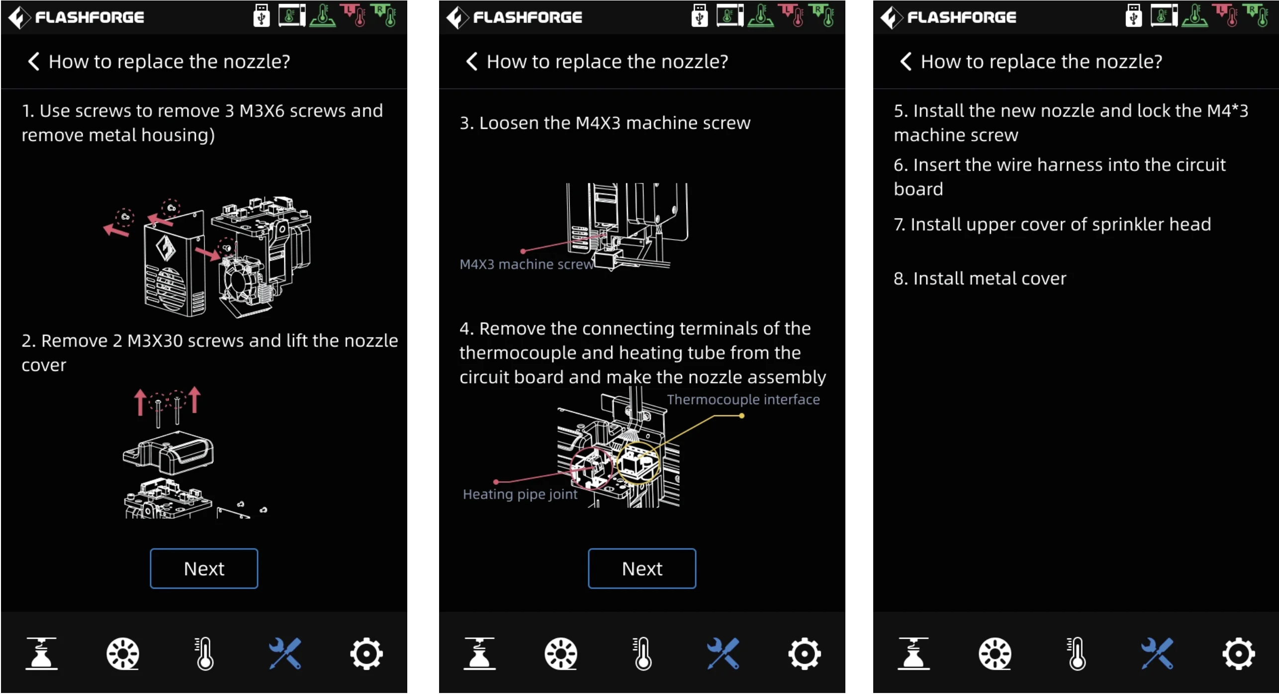 Flashforge Creator 4 nozzle replacement guide with step-by-step instructions and diagrams showing screw locations and nozzle assembly components.