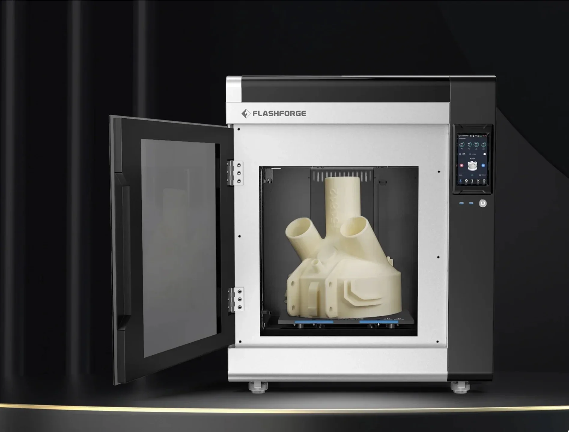 Flashforge Creator 4 3D printer with open door, displaying a complex beige plastic model, showcasing precise printing capabilities.