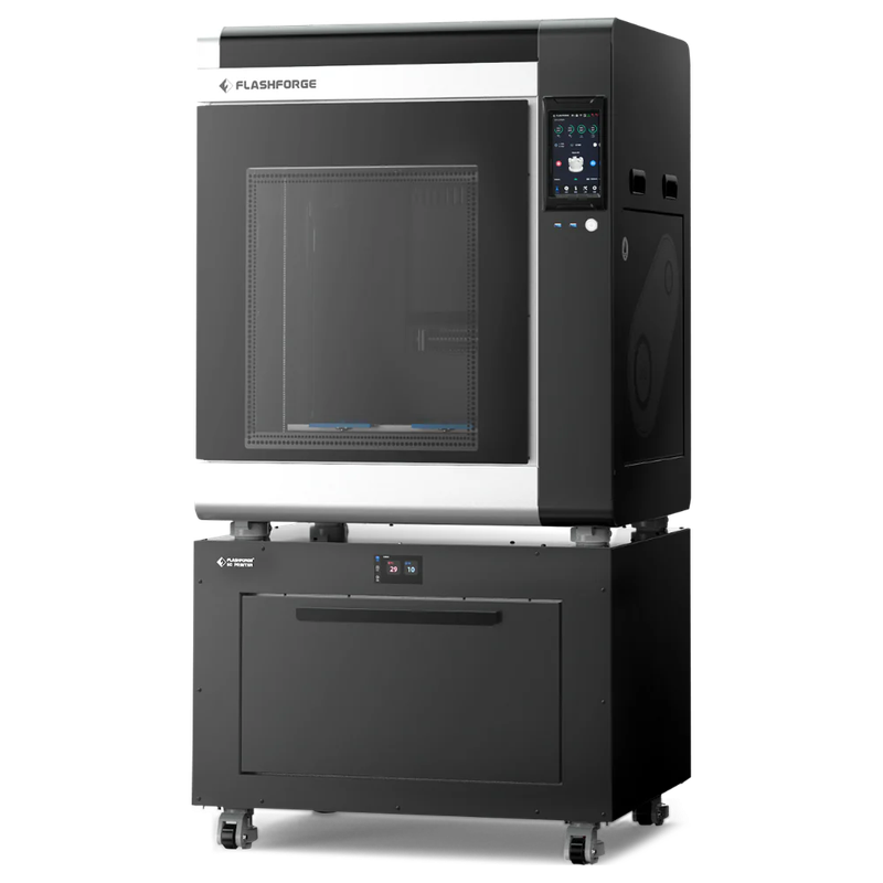 Flashforge Creator 4 industrial 3D printer with sleek black and silver design, featuring a large viewing panel and digital control interface.