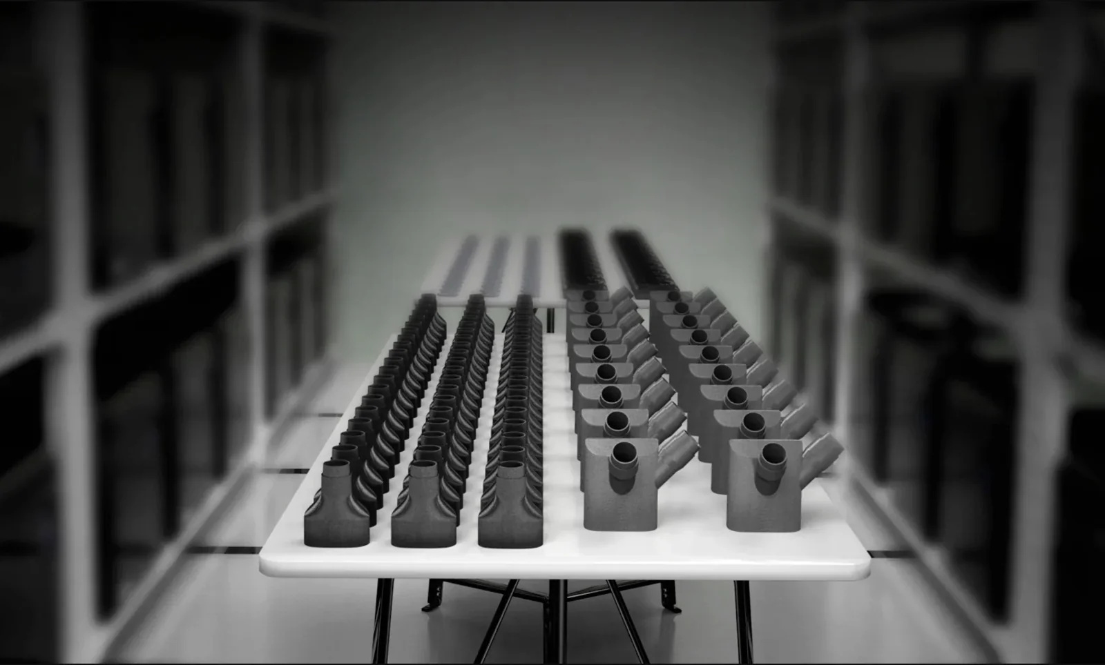 Rows of black 3D-printed parts on a white table, created by Flashforge Creator 4, in an industrial setting.