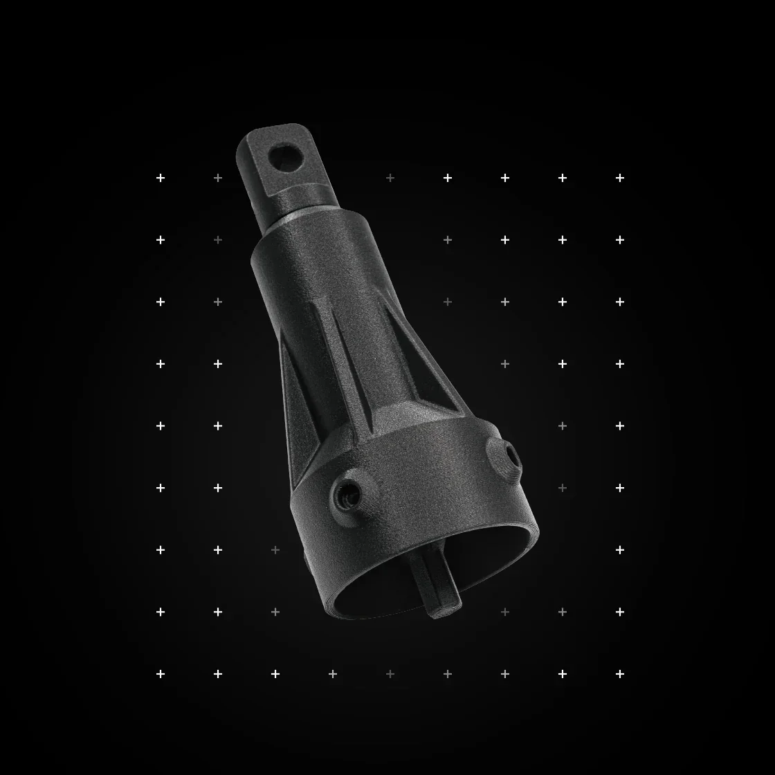 Black 3D printed component with a conical shape, made by FlashForge Guider 3 Ultra, set against a dark background with small white cross details.