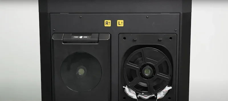 Flashforge Guider 3 Ultra filament spool holders, labeled R1 and L1, on a sleek black printer unit.