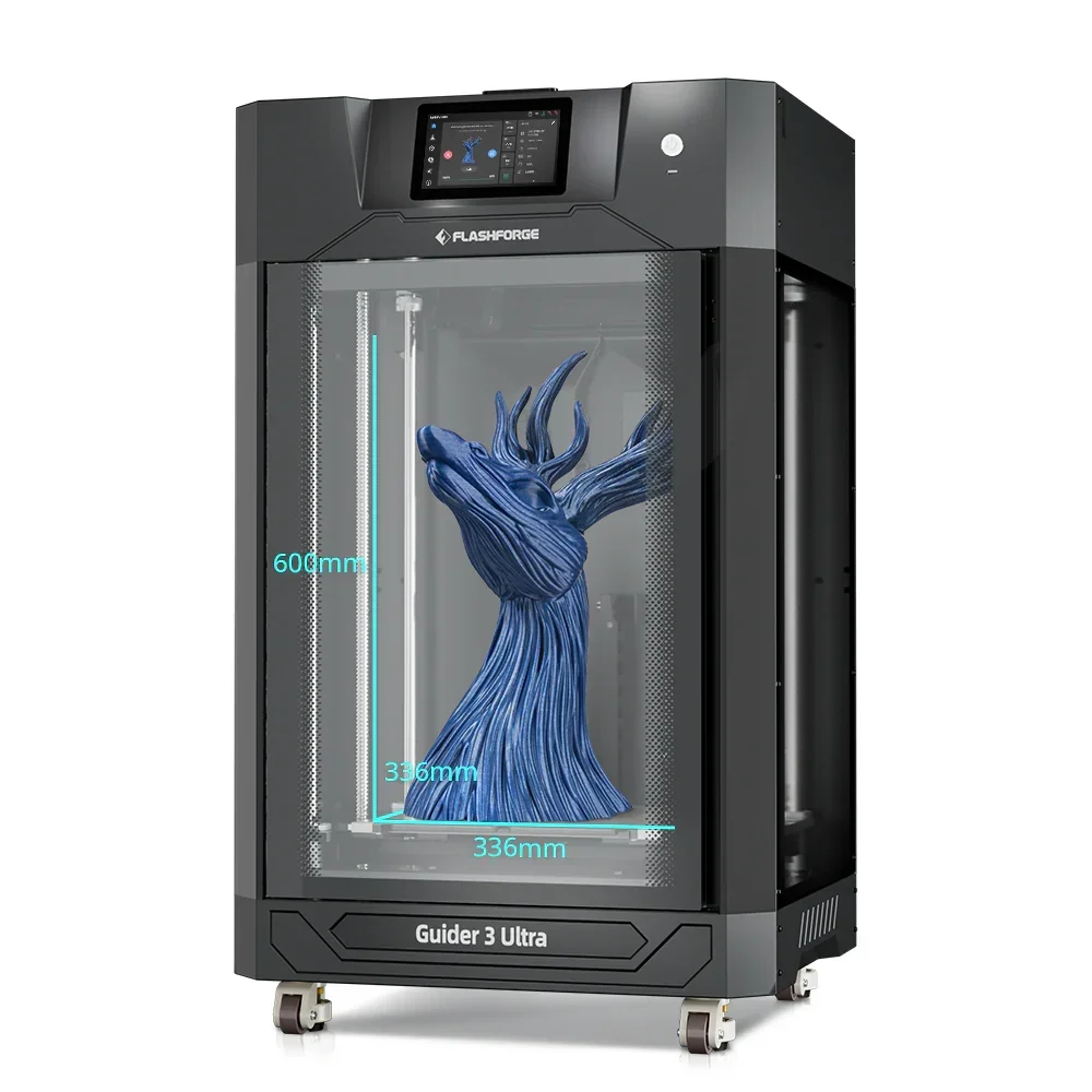 Flashforge Guider 3 Ultra 3D printer with deer sculpture inside, showcasing printer's volume capacity, features display screen and branding.