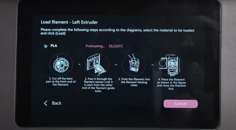 Flashforge Guider 3 Ultra screen displaying filament loading steps with diagrams; instructions for left extruder, PLA material, and preheating progress shown.