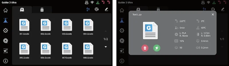 Flashforge Guider 3 Ultra interface displays G-code files and settings, including temperature, material, and layer info for 3D printing samples.