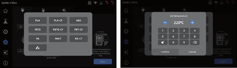 Flashforge Guider 3 Ultra interface showing filament selection menu and temperature setting screen.