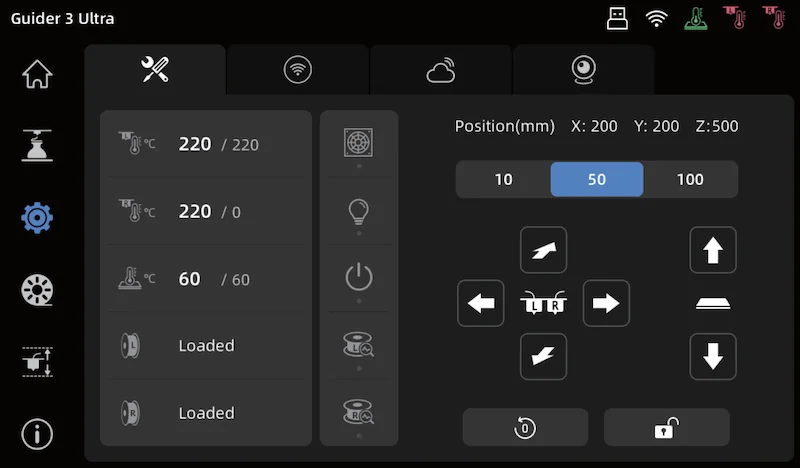 Flashforge Guider 3 Ultra 3D printer interface showing temperature controls, filament status, and position settings.