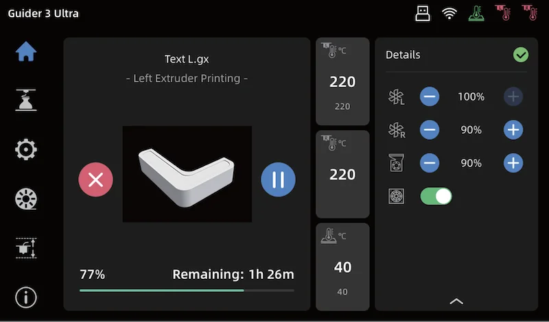 Flashforge Guider 3 Ultra display showing 3D print progress, with part preview, temperature settings, and print details.
