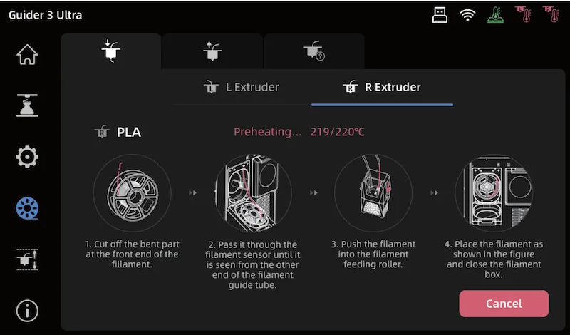 Flashforge Guider 3 Ultra screen shows PLA setup steps with illustrations: cut filament, pass through sensor, push into roller, and secure in filament box.