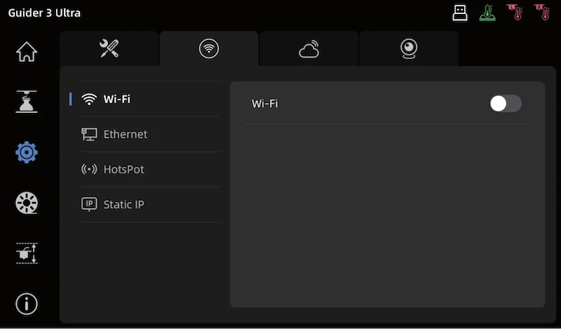 Flashforge Guider 3 Ultra interface showing Wi-Fi settings, Ethernet, Hotspot, Static IP options; navigation icons on left sidebar.