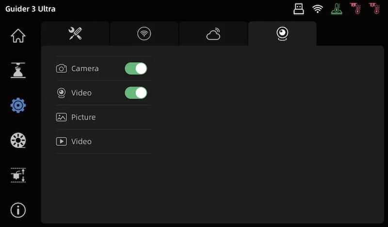 Flashforge Guider 3 Ultra settings interface showing toggled camera and video options. Various icons displayed on a black background.