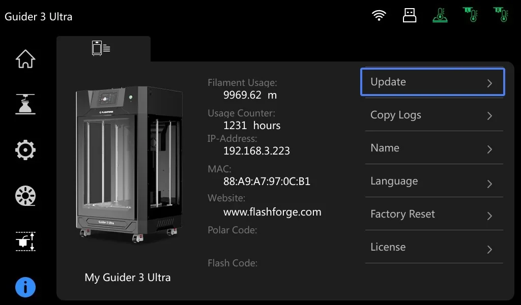 Flashforge Guider 3 Ultra 3D printer interface with usage stats, IP, and options on a screen, featuring the printer and its technical details.