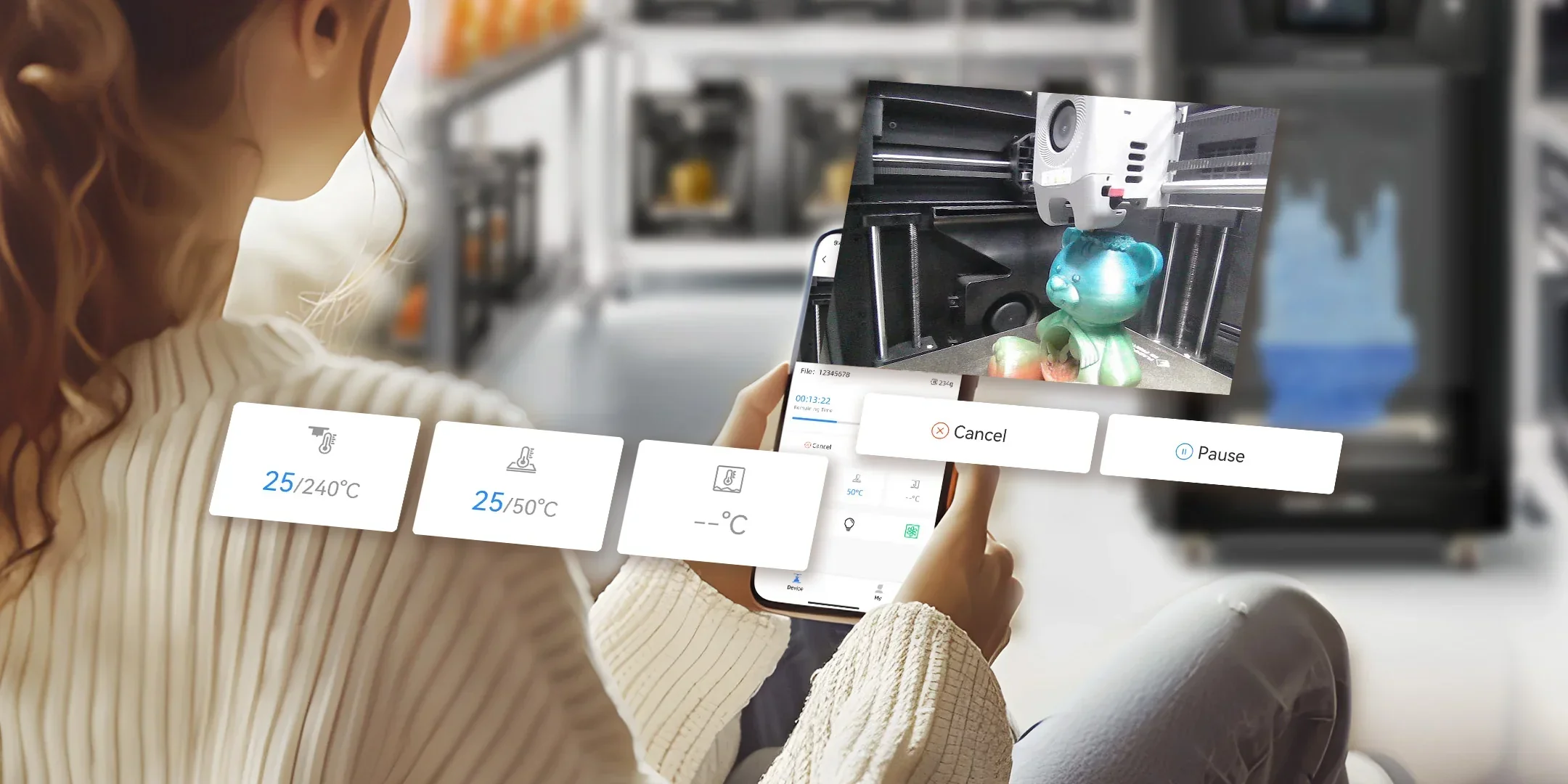 Woman using phone to monitor Flashforge Guider 3 Ultra 3D printer creating a green bear figure; digital controls visible on screen.