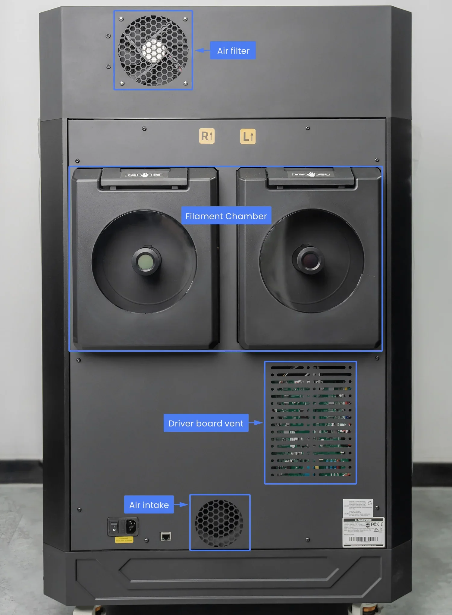 Flashforge Guider 3 Ultra with labeled air filter, filament chambers, driver board vent, and air intake, showcasing advanced 3D printing features.