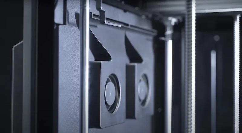 Flashforge Guider 3 Ultra interior detail showing dual extruder components and precision rails in a sleek, high-tech design.