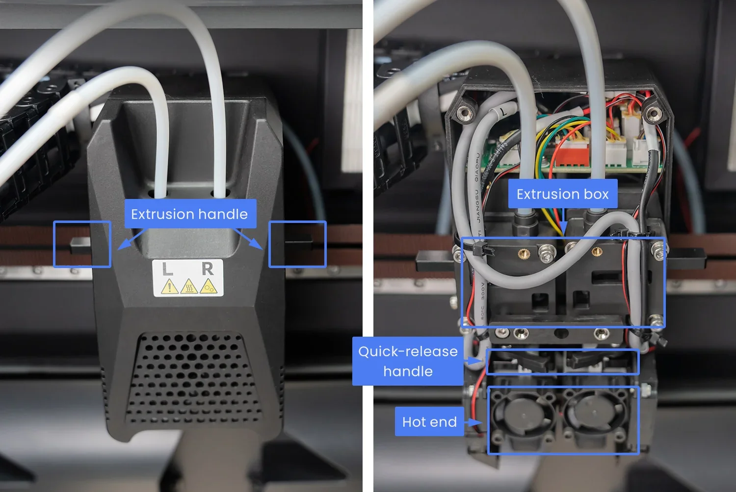 FlashForge Guider 3 Ultra 3D printer extruder close-up with labeled extrusion handle, extrusion box, quick-release handle, and hot end.