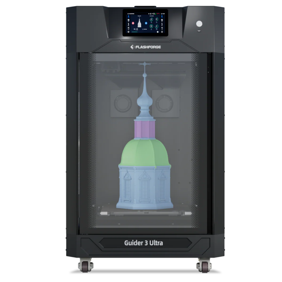 Flashforge Guider 3 Ultra 3D printer displaying a colorful architectural model inside a clear enclosure with a digital control screen above.
