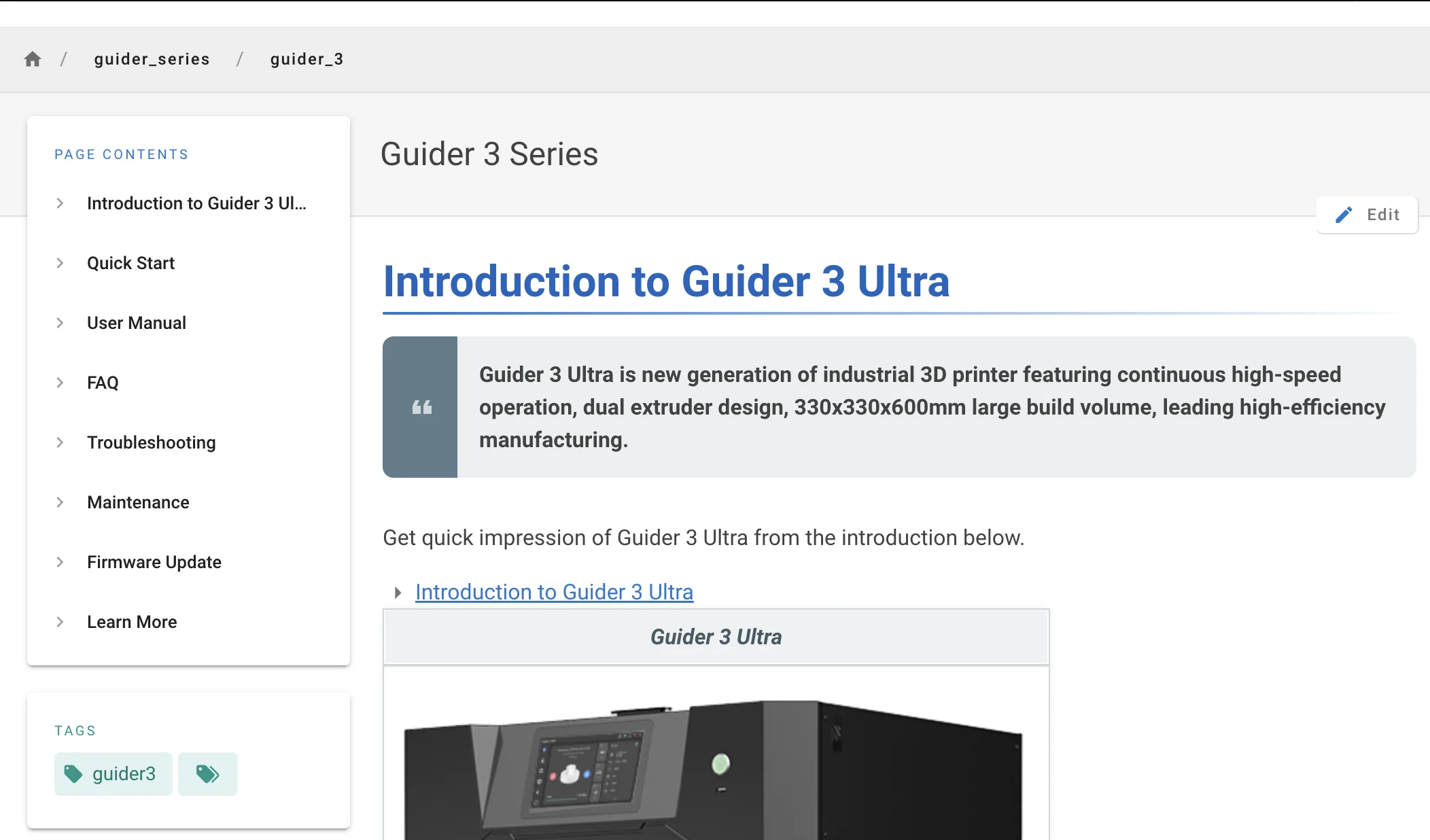 Flashforge Guider 3 Ultra 3D printer with dual extruder, large build volume, and high-speed operation features, shown in an online user manual introduction.