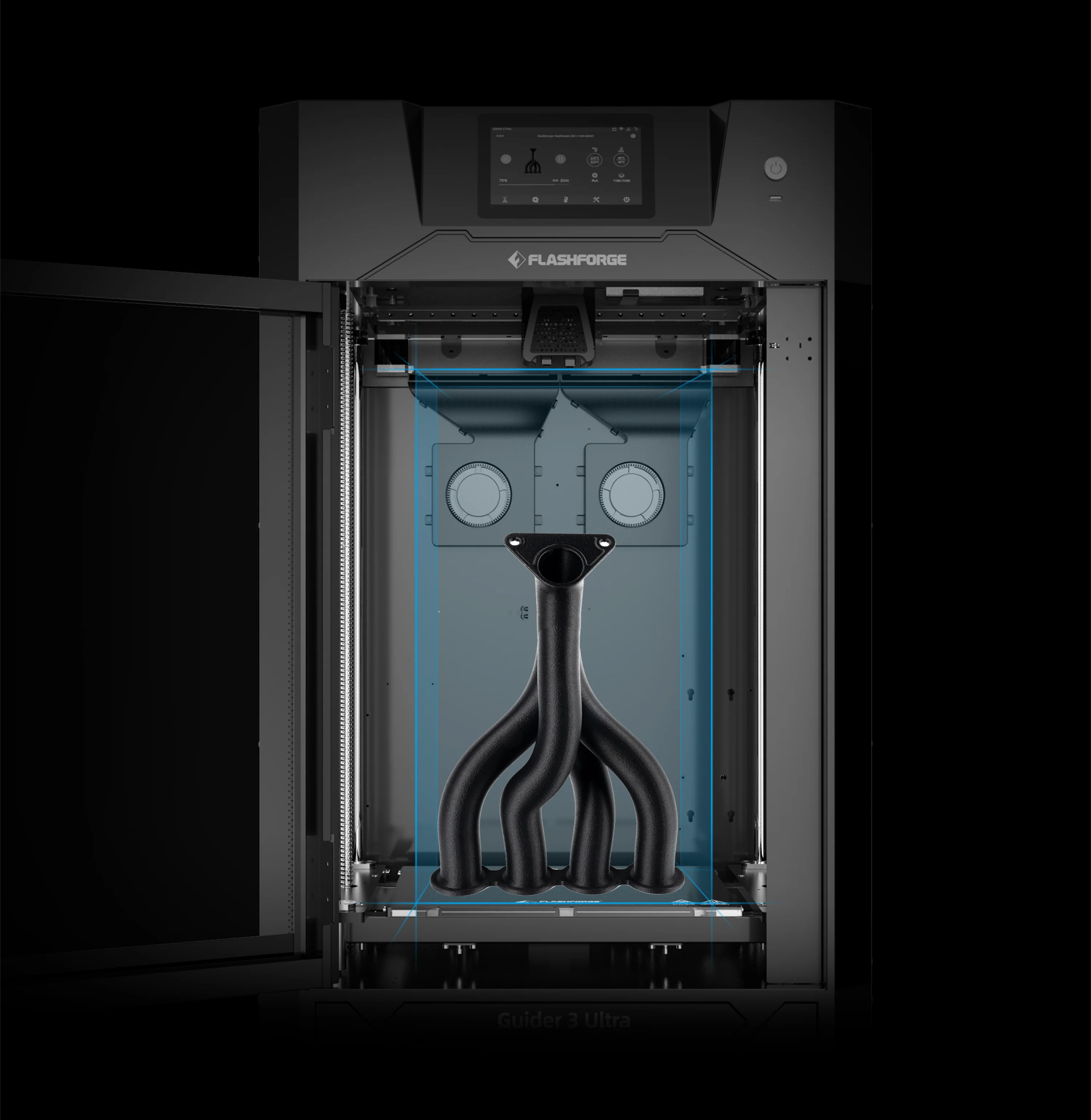 Flashforge Guider 3 Ultra 3D printer with a complex black model inside, open door, branded display, and interior lighting.