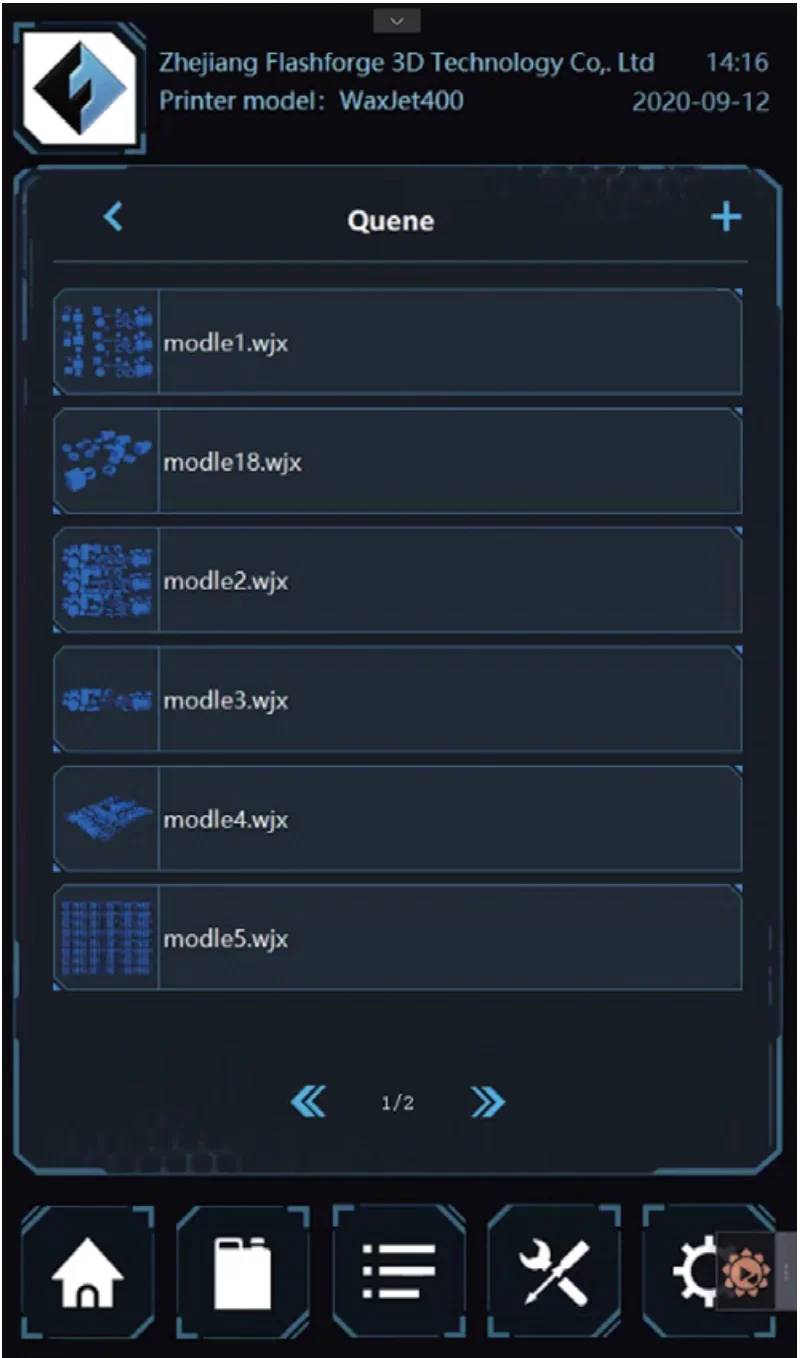 WaxJet 400 interface showing a queue list of 3D print models from Zhejiang Flashforge, with icons for navigation and settings visible.