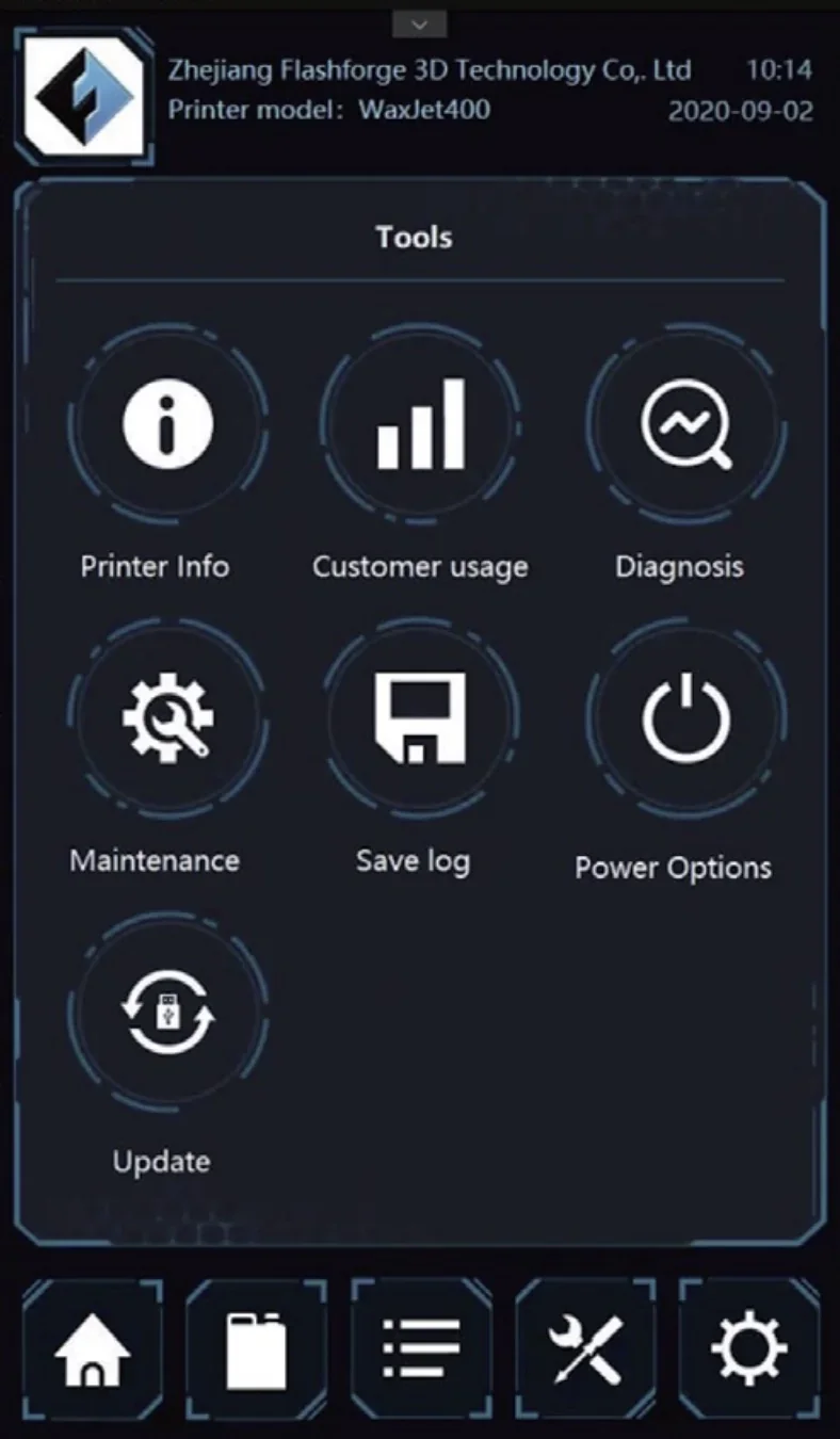 Flashforge WaxJet 400 touchscreen interface showing tools menu with options like printer info, customer usage, diagnosis, maintenance, and more.