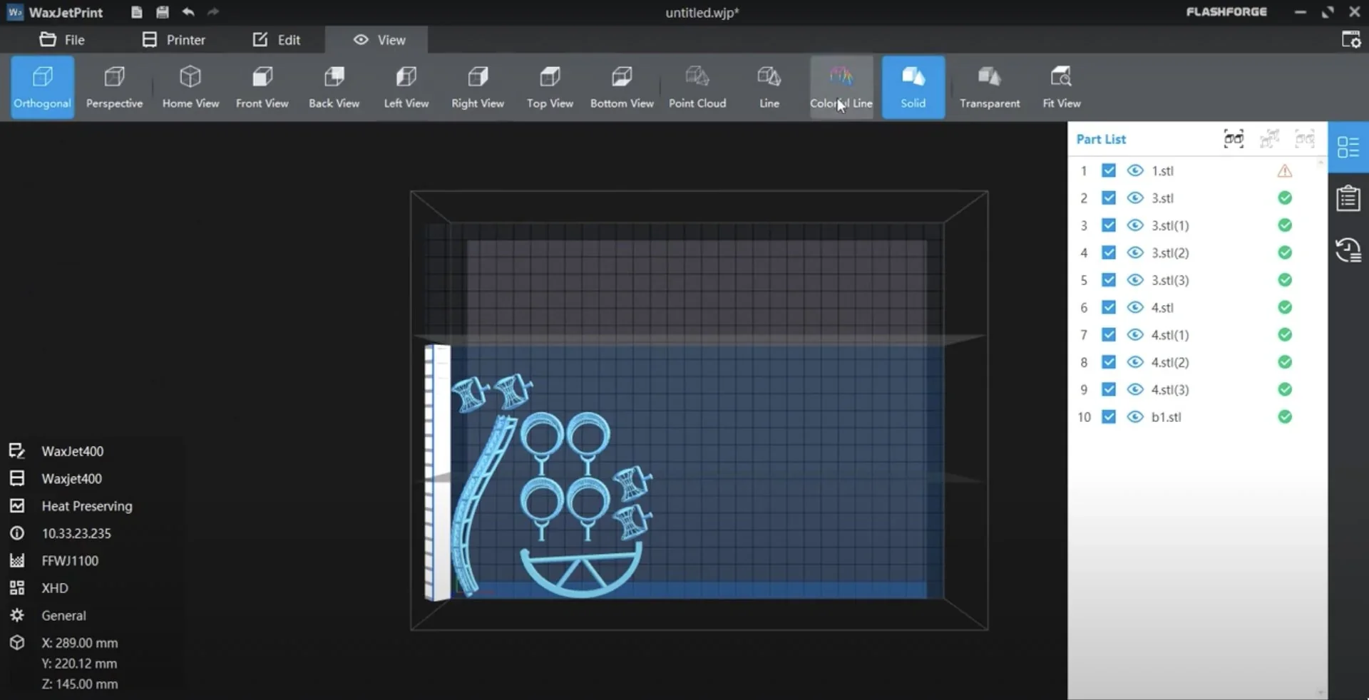Flashforge Waxjet 400 print preview with multiple 3D parts displayed in software interface, showing design arrangement and parts list.