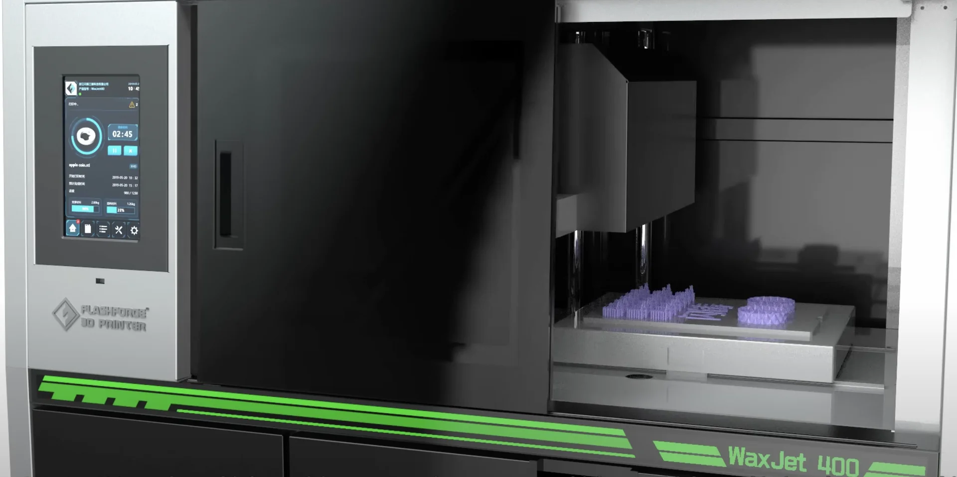 Flashforge WaxJet 400 3D printer with touch screen, producing intricate purple wax models inside a sleek, modern design.