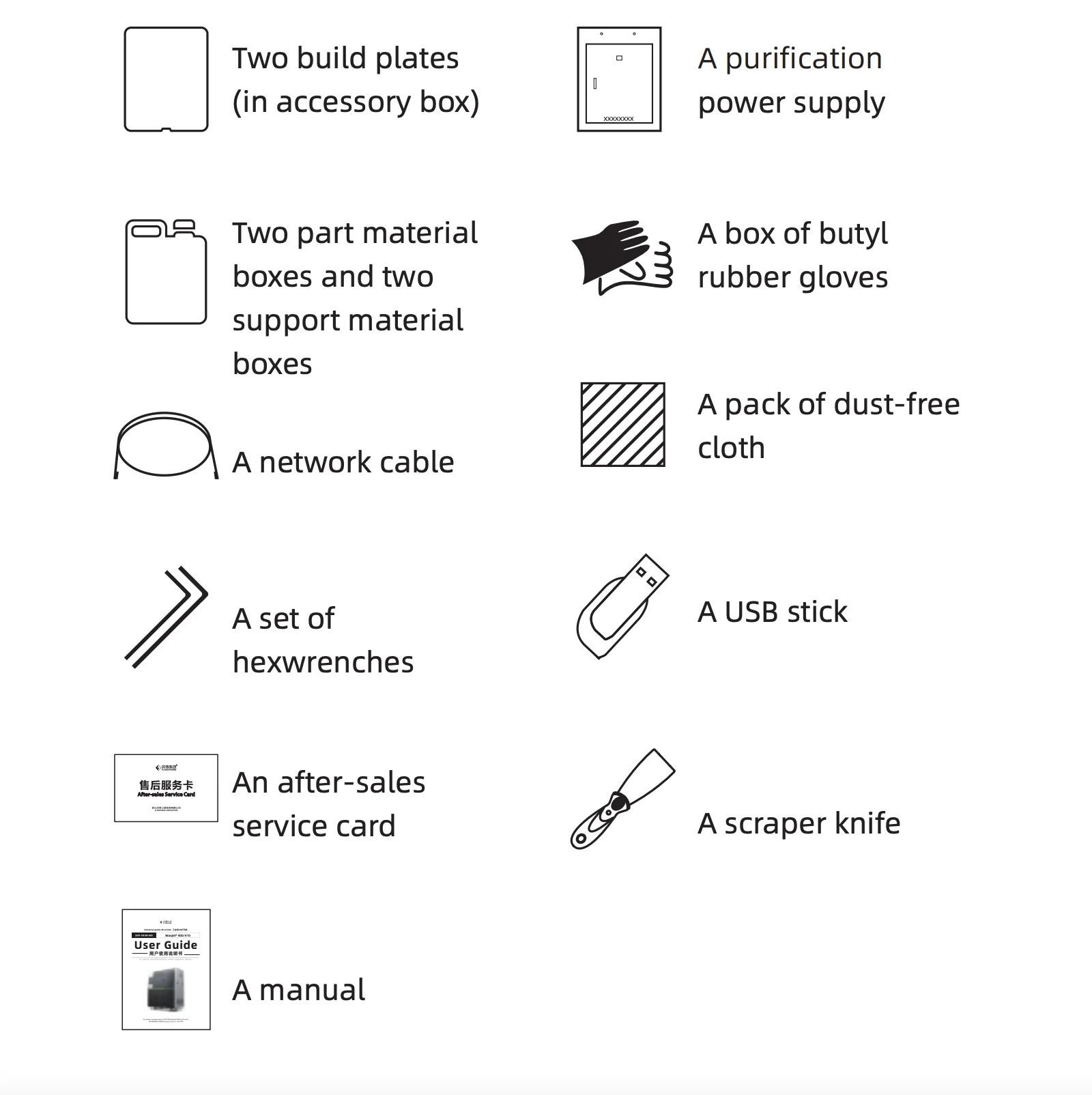 Flashforge WaxJet 400 accessories include build plates, power supply, material boxes, gloves, cloth, network cable, hex wrenches, USB, scraper, card, manual.
