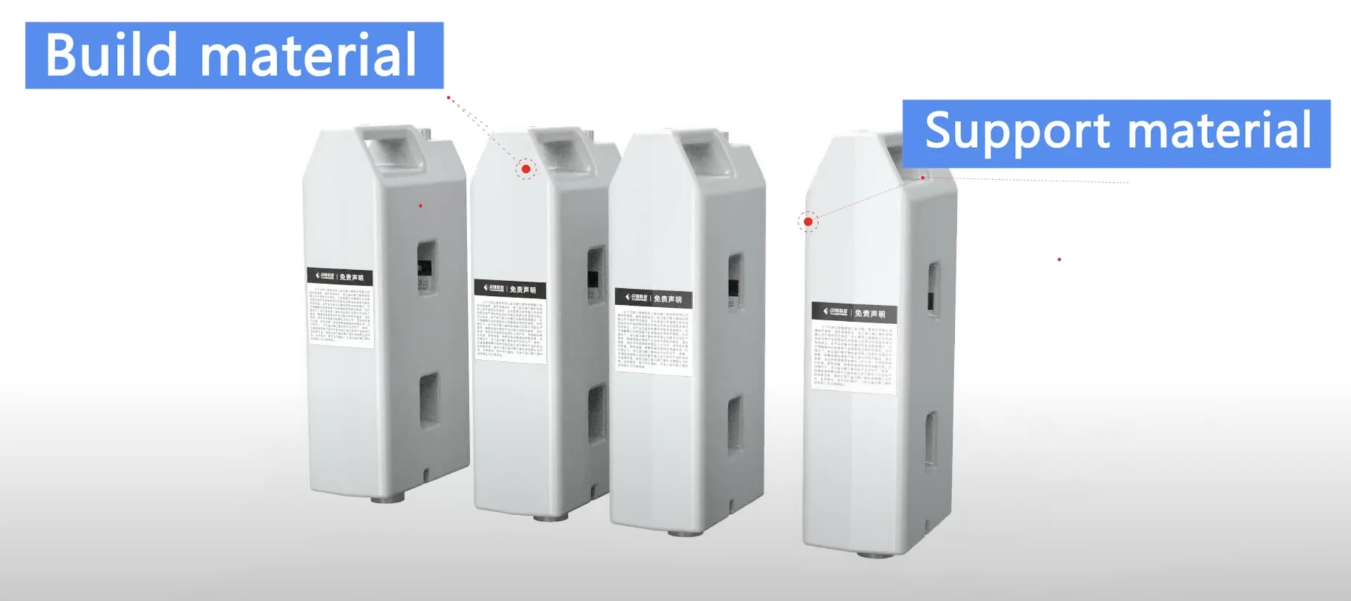 Flashforge WaxJet 400 cartridges labeled as build and support material, shown in a row, highlighting printing materials for 3D printing applications.