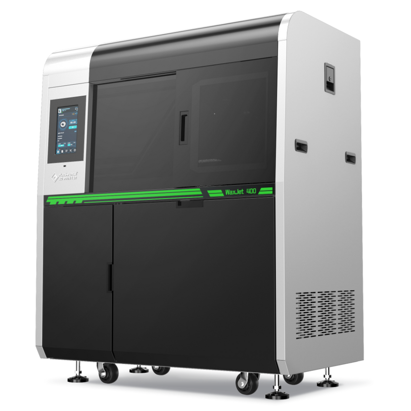 Flashforge WaxJet 400 3D printer with sleek design, black and white casing, green accents, display screen. Outputs detailed wax models.