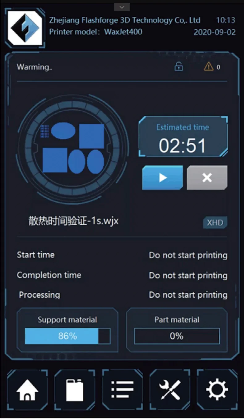 Flashforge WaxJet 400 interface showing print controls and status, including estimated time, support material usage, and material status by Zhejiang Flashforge.