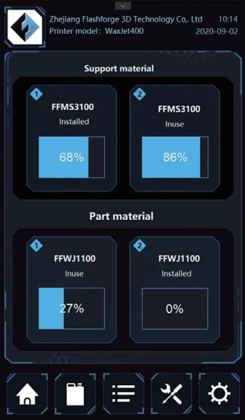 Flashforge WaxJet 400 material status screen, showing support materials at 68% and 86%, part materials at 27% and 0%, with branding visible.