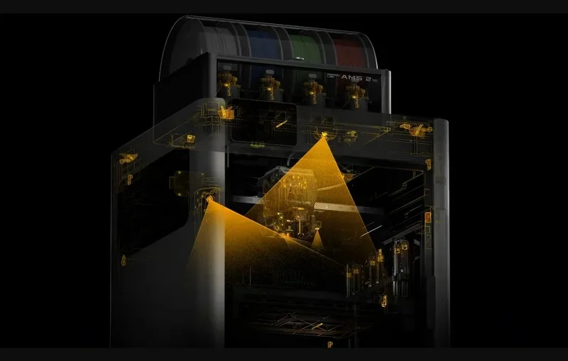 H2C Bambu 3D printer with a transparent view, revealing internal components and filament spools on top, highlighting precision technology.