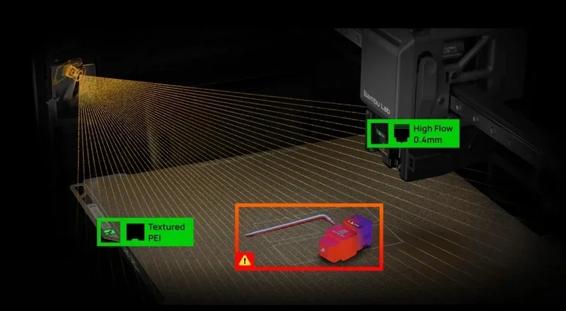 Bambu Lab 3D printer setup with textured PEI bed, high flow 0.4mm nozzle, sample parts, laser scanning, and visible branding details.