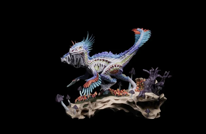 Colorful, detailed dinosaur model with feather-like appendages on a rocky base, created by h2c Bambu 3D printer, black background.